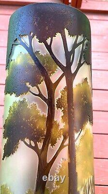 VTG Gallé Style French Art Nouveau Cameo Art Glass Vase Trees Landscape 15