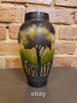 VTG Gallé Style French Art Nouveau Cameo Art Glass Vase Trees Landscape 8 Inches