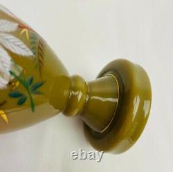 VTG-Hand-blown FRENCH OPALINE Green GLASS VASE-Marked-Hand-painted Flowers/Gold