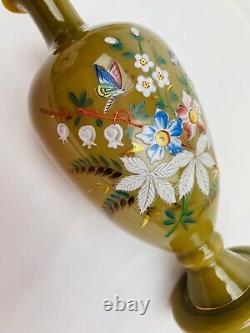 VTG-Hand-blown FRENCH OPALINE Green GLASS VASE-Marked-Hand-painted Flowers/Gold