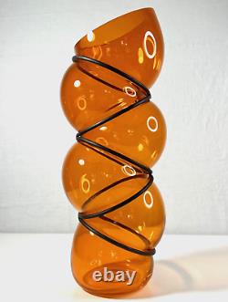 Vanessa Mitrani France Tall Orange 5 Chain Ring Blown Glass Vase 18.25 H Signed