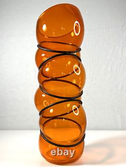Vanessa Mitrani France Tall Orange 5 Chain Ring Blown Glass Vase 18.25 H Signed