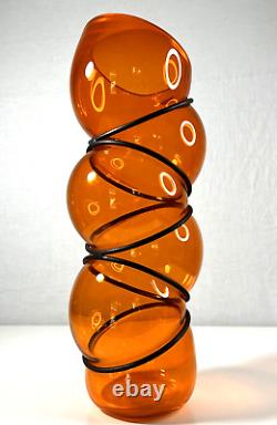 Vanessa Mitrani France Tall Orange 5 Chain Ring Blown Glass Vase 18.25 H Signed