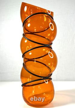 Vanessa Mitrani France Tall Orange 5 Chain Ring Blown Glass Vase 18.25 H Signed