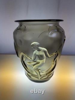 Verlys France Vase The Dancers Art Deco 1930's Smoke Glass Engraved Antique