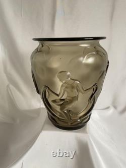 Verlys France Vase The Dancers Art Deco 1930's Smoke Glass Engraved Antique
