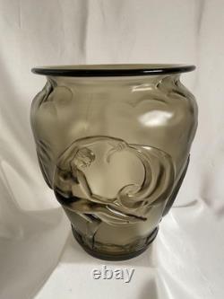 Verlys France Vase The Dancers Art Deco 1930's Smoke Glass Engraved Antique
