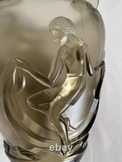 Verlys France Vase The Dancers Art Deco 1930's Smoke Glass Engraved Antique