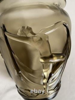 Verlys France Vase The Dancers Art Deco 1930's Smoke Glass Engraved Antique