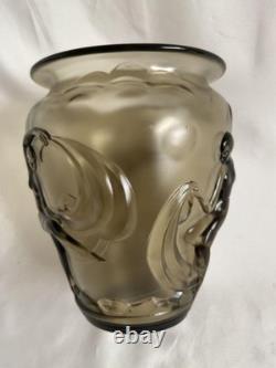 Verlys France Vase The Dancers Art Deco 1930's Smoke Glass Engraved Antique