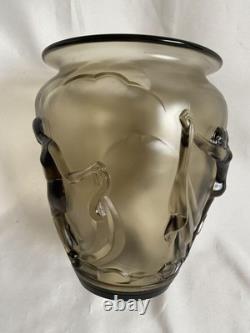 Verlys France Vase The Dancers Art Deco 1930's Smoke Glass Engraved Antique