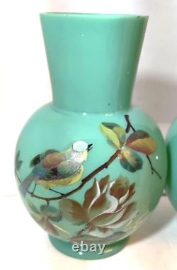 Victorian Czech Green Opaline Glass Vases Bird Mirror Images 8 Tall Antique