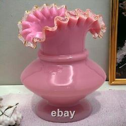 Victorian FRENCH? PINK OPALINE Hand Blown Glass Vase Yellow Ruffled Collar