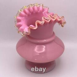 Victorian FRENCH? PINK OPALINE Hand Blown Glass Vase Yellow Ruffled Collar