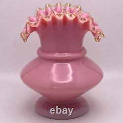 Victorian FRENCH? PINK OPALINE Hand Blown Glass Vase Yellow Ruffled Collar