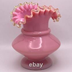 Victorian FRENCH? PINK OPALINE Hand Blown Glass Vase Yellow Ruffled Collar