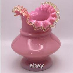 Victorian FRENCH? PINK OPALINE Hand Blown Glass Vase Yellow Ruffled Collar