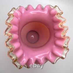 Victorian FRENCH? PINK OPALINE Hand Blown Glass Vase Yellow Ruffled Collar