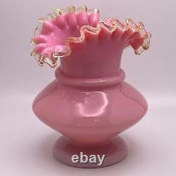 Victorian FRENCH? PINK OPALINE Hand Blown Glass Vase Yellow Ruffled Collar