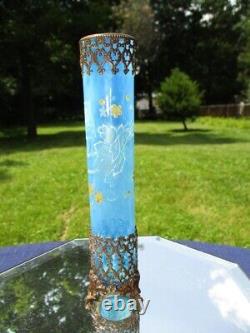 Victorian French Blue Opaline Glass Vase Hatpin Holder Reticulated Metal Holder