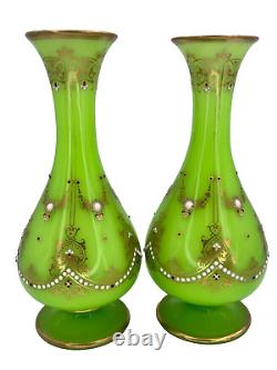 Victorian French Green Opaline Jewel Vases (Pair of 2) As Found 10