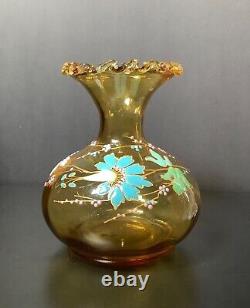 Victorian French LEGRAS Hand Painted Enameled Amber Floral Optic Glass Vase