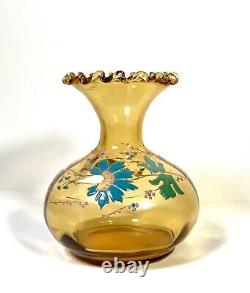 Victorian French LEGRAS Hand Painted Enameled Amber Floral Optic Glass Vase