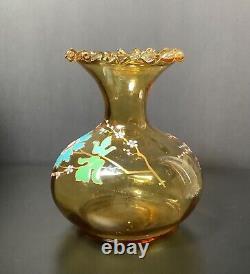 Victorian French LEGRAS Hand Painted Enameled Amber Floral Optic Glass Vase