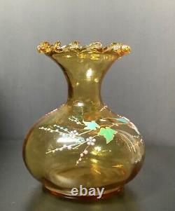 Victorian French LEGRAS Hand Painted Enameled Amber Floral Optic Glass Vase