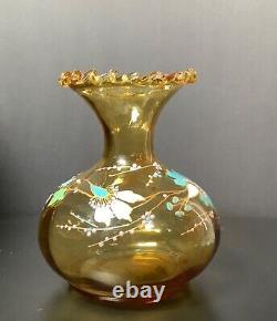 Victorian French LEGRAS Hand Painted Enameled Amber Floral Optic Glass Vase
