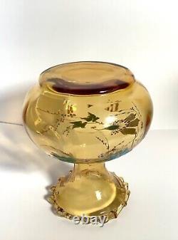 Victorian French LEGRAS Hand Painted Enameled Amber Floral Optic Glass Vase