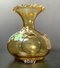 Victorian French LEGRAS Hand Painted Enameled Amber Floral Optic Glass Vase