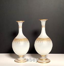 Victorian French White Opaline Glass Gold Gilt Bud Vases