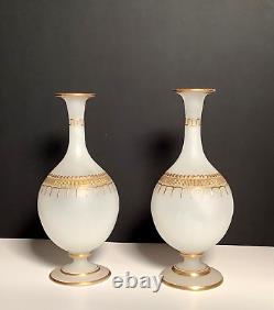 Victorian French White Opaline Glass Gold Gilt Bud Vases