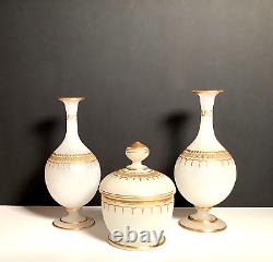 Victorian French White Opaline Glass Gold Gilt Bud Vases