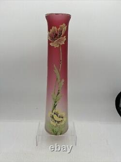 Vintage 11.75 Glass Vase (French) Hand Painted Enamel Flowers Pink Embre
