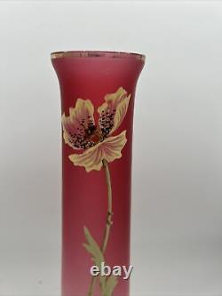 Vintage 11.75 Glass Vase (French) Hand Painted Enamel Flowers Pink Embre