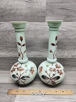 Vintage 12-1/4 Uranium Opaline French Glass Vaseline Hand Painted Vase Pair. J