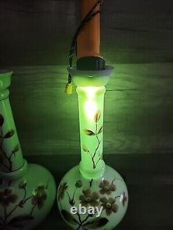 Vintage 12-1/4 Uranium Opaline French Glass Vaseline Hand Painted Vase Pair. J