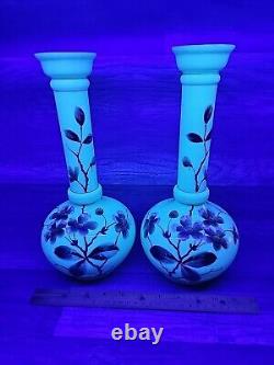 Vintage 12-1/4 Uranium Opaline French Glass Vaseline Hand Painted Vase Pair. J