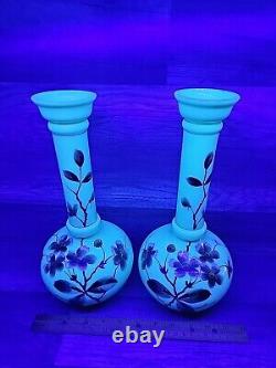 Vintage 12-1/4 Uranium Opaline French Glass Vaseline Hand Painted Vase Pair. J