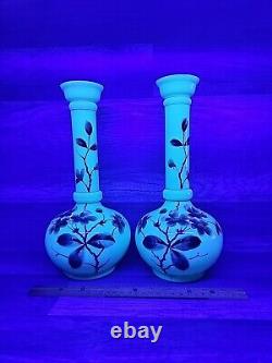 Vintage 12-1/4 Uranium Opaline French Glass Vaseline Hand Painted Vase Pair. J