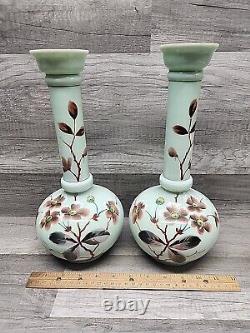 Vintage 12-1/4 Uranium Opaline French Glass Vaseline Hand Painted Vase Pair. J