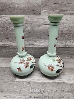 Vintage 12-1/4 Uranium Opaline French Glass Vaseline Hand Painted Vase Pair. J