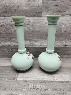 Vintage 12-1/4 Uranium Opaline French Glass Vaseline Hand Painted Vase Pair. J