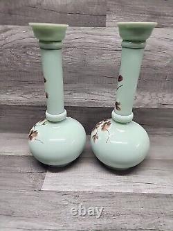 Vintage 12-1/4 Uranium Opaline French Glass Vaseline Hand Painted Vase Pair. J