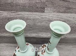 Vintage 12-1/4 Uranium Opaline French Glass Vaseline Hand Painted Vase Pair. J