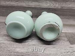 Vintage 12-1/4 Uranium Opaline French Glass Vaseline Hand Painted Vase Pair. J