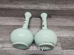 Vintage 12-1/4 Uranium Opaline French Glass Vaseline Hand Painted Vase Pair. J
