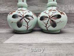 Vintage 12-1/4 Uranium Opaline French Glass Vaseline Hand Painted Vase Pair. J